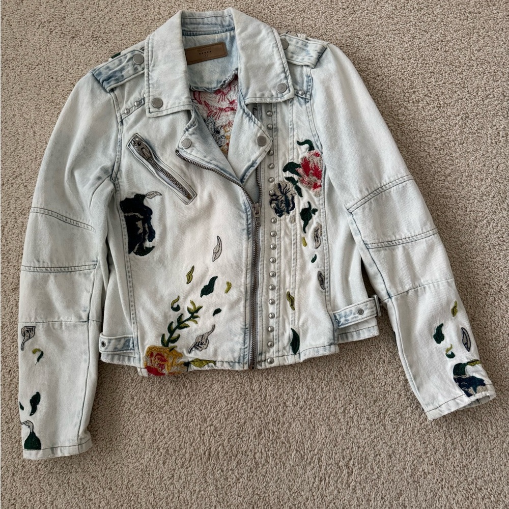 BLANK NYC embroidered, studded accent, bleached denim, moto statement jacket